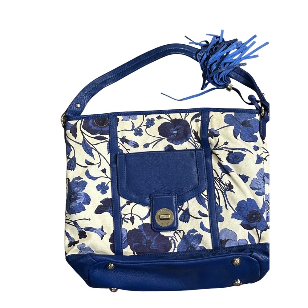 Isaac Mizrahi Blue Floral Canvas Tote Leather Trim Tassel Shoulder Bag